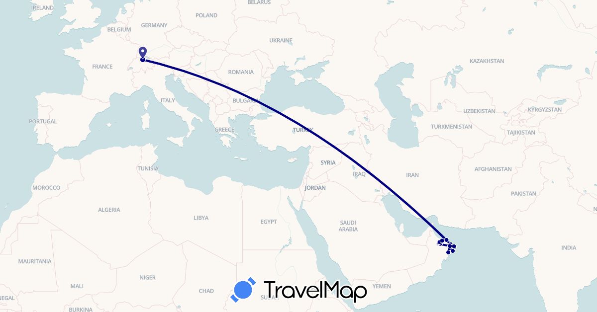 TravelMap itinerary: driving in Switzerland, Oman (Asia, Europe)